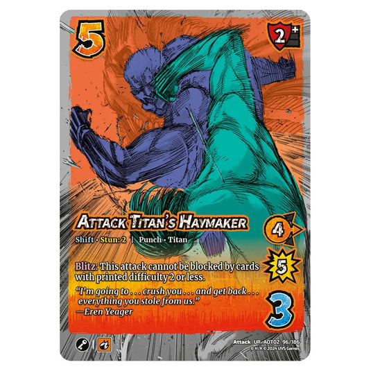 Attack Titan's Haymaker // Eren's Determination card from the Attack on Titan set Origins of Power UR 02 096/186