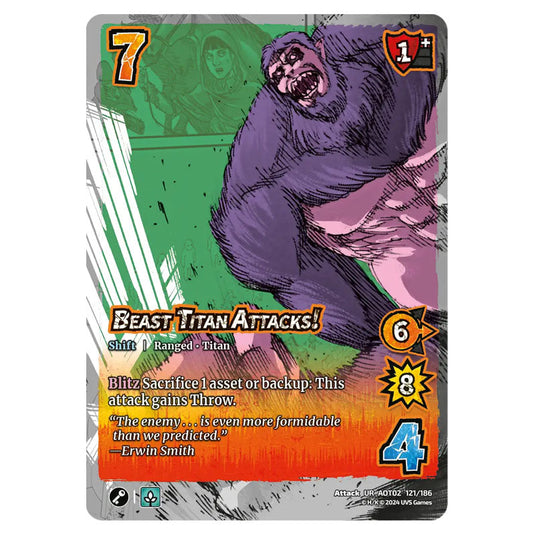 Beast Titan Attacks! // The Beast Titan card from the Attack on Titan set Origins of Power UR 02 121/186