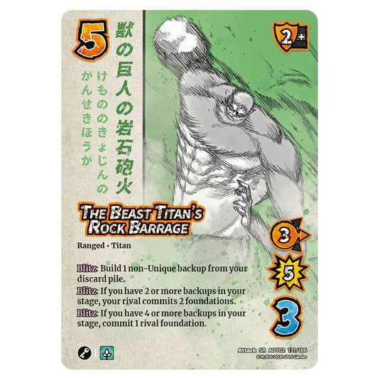 The Beast Titan's Rock Barrage card from the Attack on Titan set Origins of Power SR 02 131/186