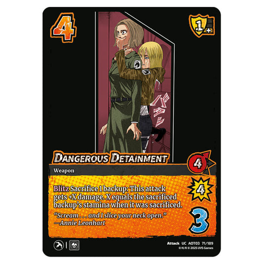 Dangerous Detainment card from the Attack on Titan set Apocalypse 071/189 03 