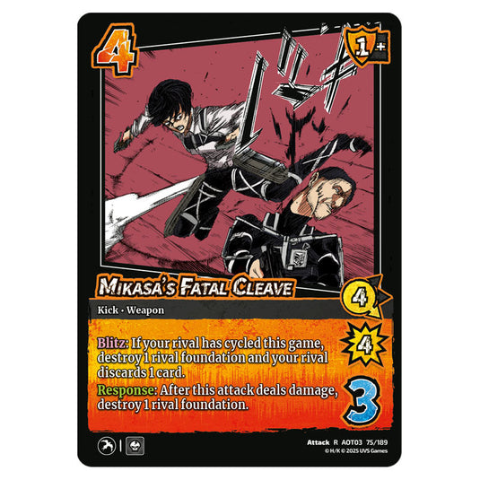 Mikasa's Fatal Cleave card from the Attack on Titan set Apocalypse 075/189 03 