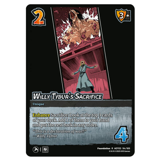 Willy Tybur's Sacrifice card from the Attack on Titan set Apocalypse 094/189 03 