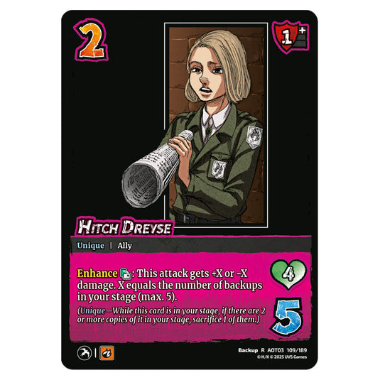 Hitch Dreyse card from the Attack on Titan set Apocalypse 109/189 03 