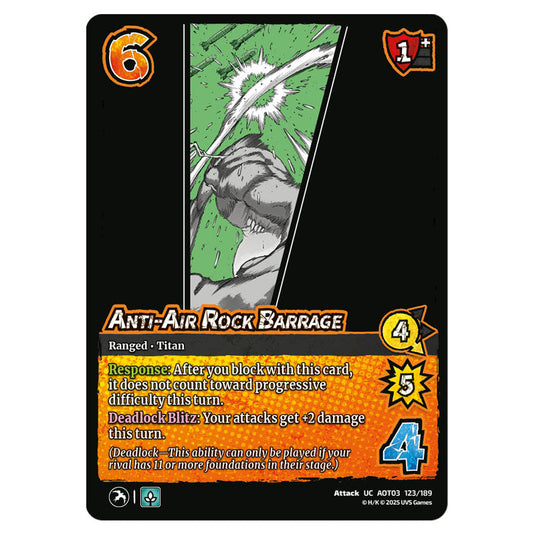 Anti-Air Rock Barrage card from the Attack on Titan set Apocalypse 123/189 03 
