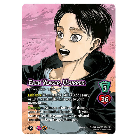 Eren Yeager, Usurper // Attack Titan, Finale (Alternate Art) card from the Attack on Titan set Apocalypse 194/189 03 