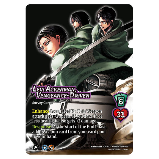 Levi Ackerman, Vengeance-Driven (Alternate Art) card from the Attack on Titan set Apocalypse 199/189 03 