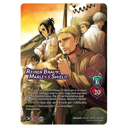 Reiner Braun, Marley's Shield // Armored Titan, Finale (Alternate Art) card from the Attack on Titan set Apocalypse 203/189 03 