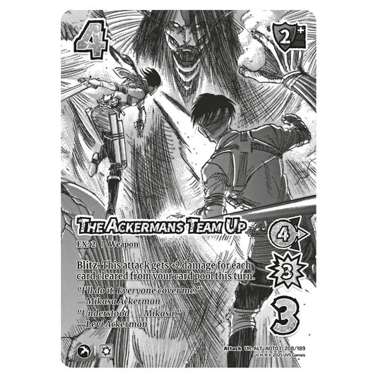 The Ackermans Team Up (Alternate Art) card from the Attack on Titan set Apocalypse 208/189 03 