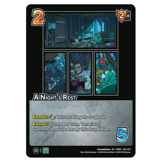 A Night's Rest card from the Crtical Role set Heroes of Exandria