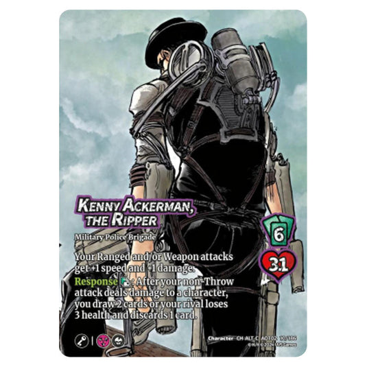 Kenny Ackerman, the Ripper (Alternate Art) card from the Attack on Titan set Origins of Power CH-C 02 010a/186