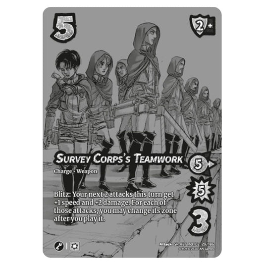 Survey Corps's Teamwork (Alternate Art) card from the Attack on Titan set Origins of Power SR 02 029a/186