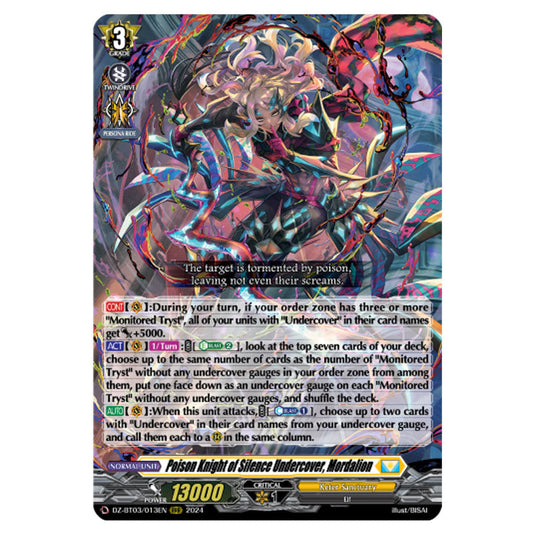 Poison Knight of Silence Undercover, Mordalion DZ-BT03/013EN card from the Cardfight!! Vanguard set Dimensional Transcendence