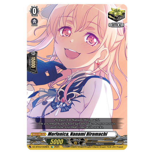 Morfonica, Nanami Hiromachi DZ-BT03/EX28EN card from the Cardfight!! Vanguard set Dimensional Transcendence