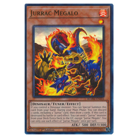 Jurrac Megalo BLMM-EN016 card from the Yu-Gi-Oh! set Battles of Legend: Monster Mayhem
