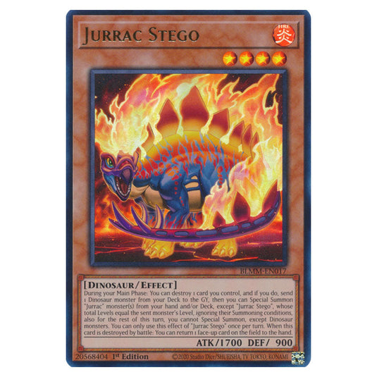 Jurrac Stego BLMM-EN017 card from the Yu-Gi-Oh! set Battles of Legend: Monster Mayhem