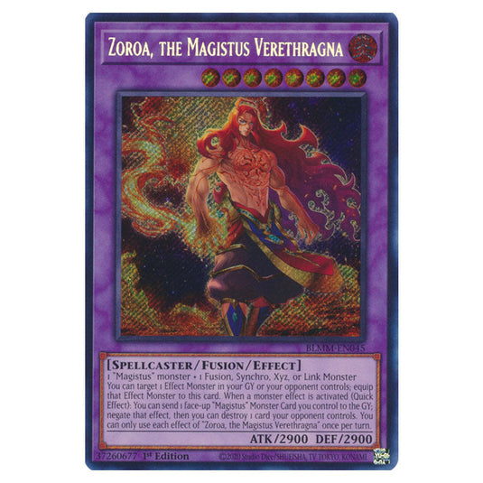 Zoroa, the Magistus Verethragna BLMM-EN045 card from the Yu-Gi-Oh! set Battles of Legend: Monster Mayhem