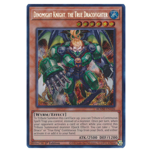 Dinomight Knight, the True Dracofighter BLMM-EN126 card from the Yu-Gi-Oh! set Battles of Legend: Monster Mayhem