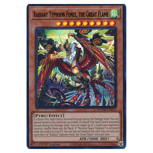 "Radiant Typhoon Fonix, the Great Flame" DOOD-EN017a card from the Yu-Gi-Oh! set Doom of Dimensions