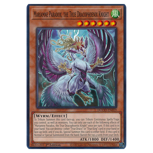 "Mariamne Paradox, the True Dracophoenix Knight" DOOD-EN019 card from the Yu-Gi-Oh! set Doom of Dimensions