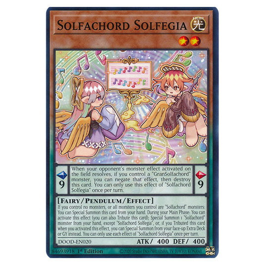 "Solfachord Solfegia" DOOD-EN020 card from the Yu-Gi-Oh! set Doom of Dimensions