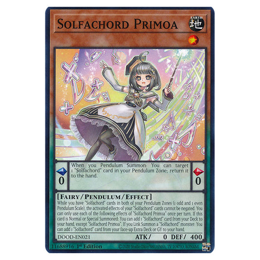 "Solfachord Primoa" DOOD-EN021 card from the Yu-Gi-Oh! set Doom of Dimensions