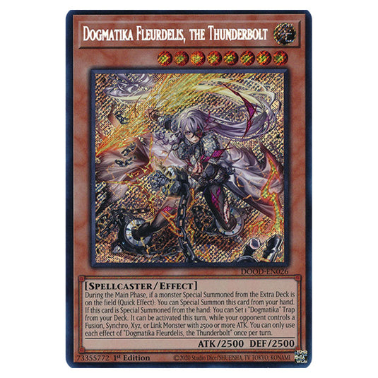 "Dogmatika Fleurdelis, the Thunderbolt" DOOD-EN026 card from the Yu-Gi-Oh! set Doom of Dimensions