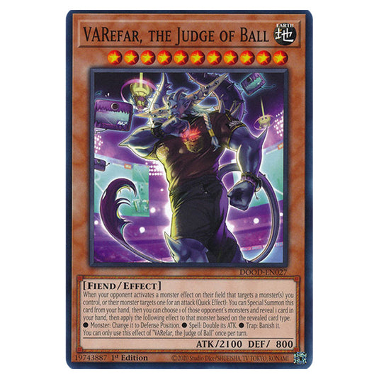 "VARefar, the Judge of Ball" DOOD-EN027 card from the Yu-Gi-Oh! set Doom of Dimensions