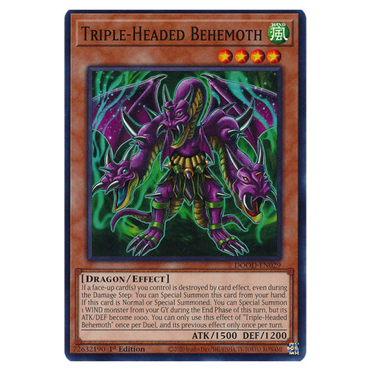 "Triple-Headed Behemoth" DOOD-EN029 card from the Yu-Gi-Oh! set Doom of Dimensions