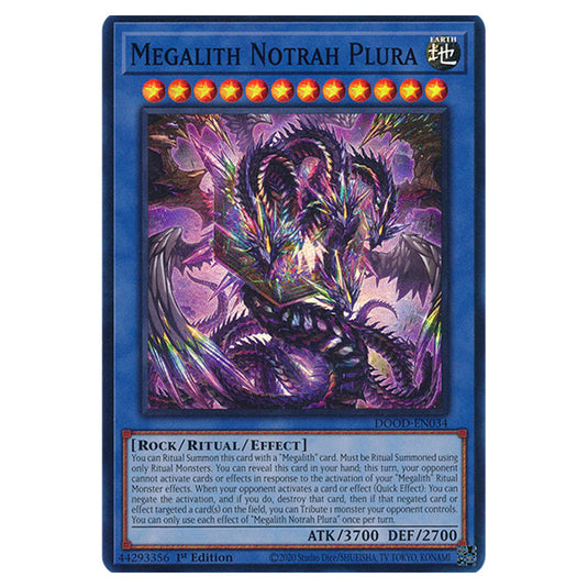 "Megalith Notrah Plura" DOOD-EN034 card from the Yu-Gi-Oh! set Doom of Dimensions