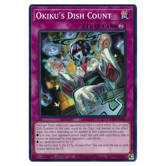"Okiku's Dish Count" DOOD-EN080 card from the Yu-Gi-Oh! set Doom of Dimensions