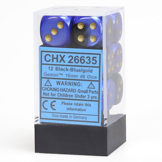 Chessex - Gemini 16mm D6 w/pips 12-Dice Blocks - Black/Blue w/gold