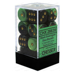 Chessex - Gemini 16mm D6 w/pips 12-Dice Blocks - Black/Green w/gold