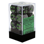 Chessex - Gemini 16mm D6 w/pips 12-Dice Blocks - Black/Grey w/green