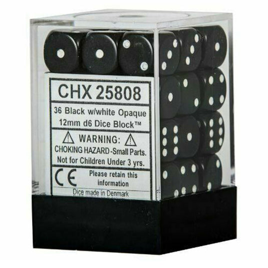 Chessex - Opaque 12mm D6 w/pips 36-Dice Blocks - Black w/white