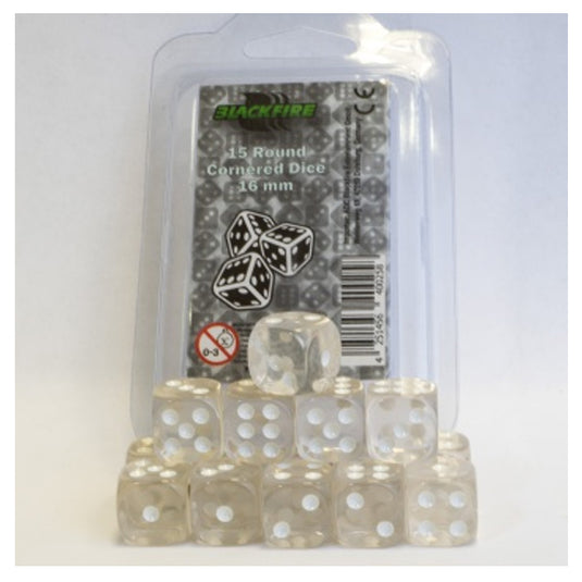 Blackfire Dice - 16mm D6 Dice Set - Transparent White (15 Dice)