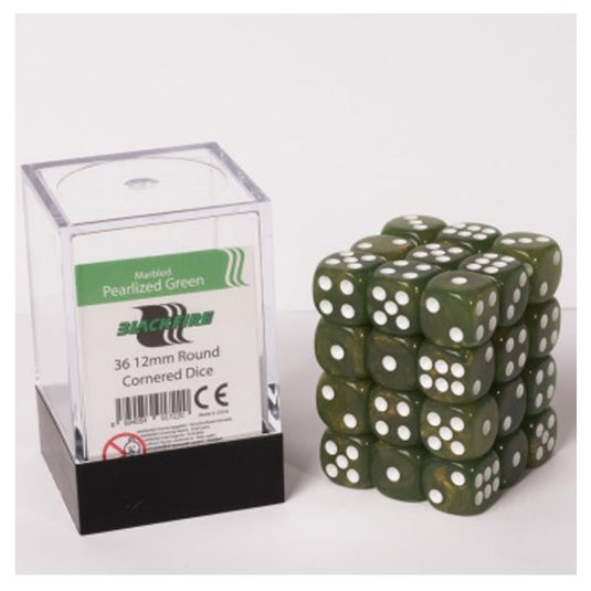 Blackfire Dice Cube - 12mm D6 36 Dice Set - Marbled Pearlized Green