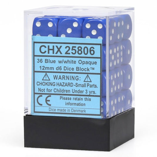 Chessex - Opaque 12mm D6 w/pips 36-Dice Blocks - Blue w/white