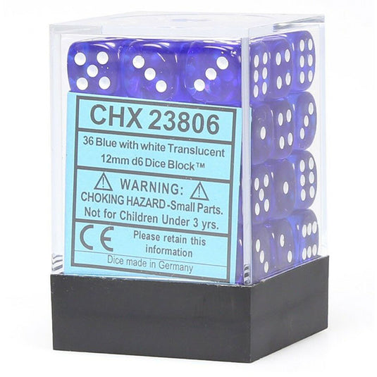 Chessex - Translucent 12mm D6 w/pips 36-Dice Blocks - Blue w/white