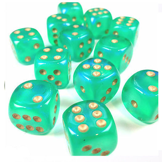 Chessex - Signature - 16mm D6 W/ Pips Blocks (12 Dice) - Borealis Light Green w/Gold