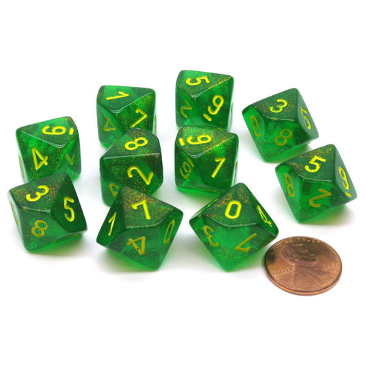 Chessex - Signature - 16mm Polyhedral D10 10-Dice Set - Borealis Maple Green with Yellow