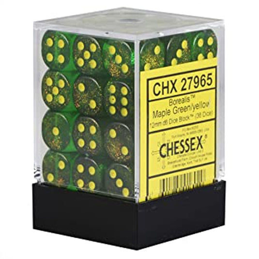 Chessex - Signature - 12mm d6 with pips Dice Blocks (36 Dice) - Borealis Maple Green/yellow