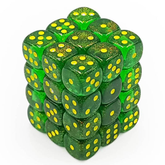 Chessex - Signature - 12mm d6 with pips Dice Blocks (36 Dice) - Borealis Maple Green/yellow