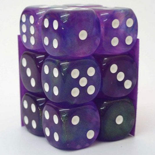 Chessex - Signature - 16mm D6 W/ Pips Blocks (12 Dice) - Borealis  Purple with White