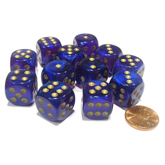 Chessex - Signature - 16mm D6 W/ Pips Blocks (12 Dice) - Borealis Royal Purple w/Gold