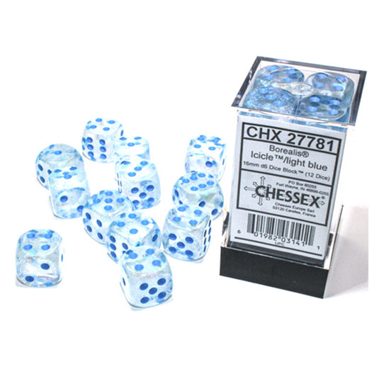 Chessex - Signature Borealis 16mm D6 w/pips 12-Dice Blocks - Icicle/light blue Luminary