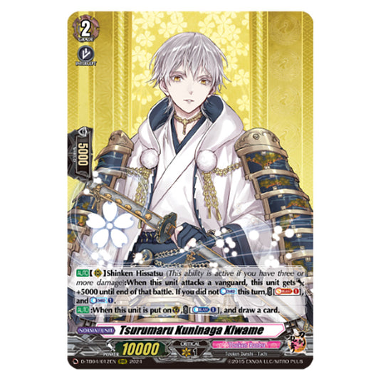 Tsurumaru Kuninaga Kiwame D-TB04/012EN card from the Cardfight!! Vanguard set Touken Ranbu ONLINE 2023