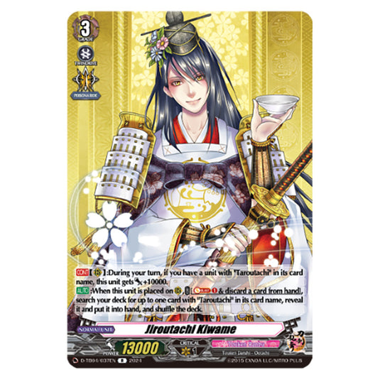 Jiroutachi Kiwame D-TB04/037EN card from the Cardfight!! Vanguard set Touken Ranbu ONLINE 2023