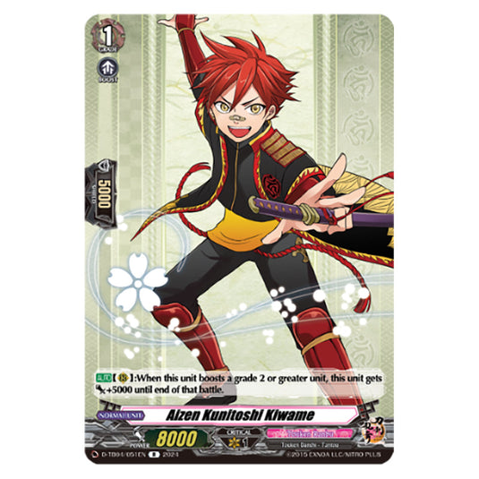 Aizen Kunitoshi Kiwame D-TB04/051EN card from the Cardfight!! Vanguard set Touken Ranbu ONLINE 2023