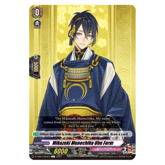 Mikazuki Munechika Ubu Form D-TB04/084EN card from the Cardfight!! Vanguard set Touken Ranbu ONLINE 2023