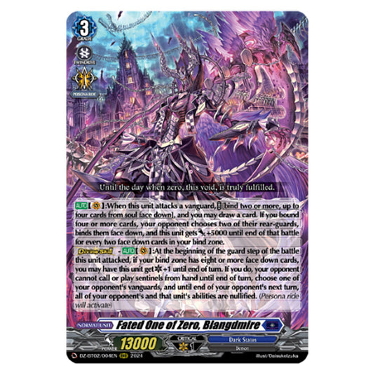 Fated One of Zero, Blangdmire DZ-BT02/004EN card from the Cardfight!! Vanguard set Illusionless Strife